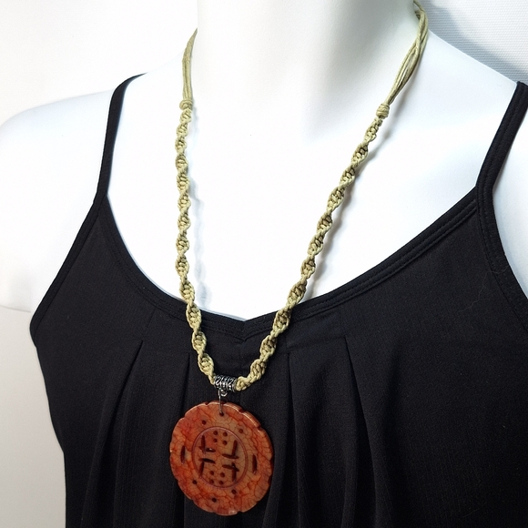 Macrame Cord Chinese Carved Red Stone Medallion Necklace - Picture 2 of 10